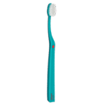 edel+white Ultrasoft Flosserbrush SWISS in PET box – Leicht, flexibel und mit ultrasanften, konischen Borsten. Abbildung Zahbürste in türkis.