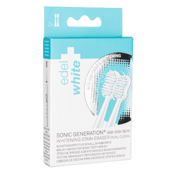 Accessoires pour brosse à dents électrique edel+white. Whitening Brush Heads for Sonic Generation SG8+ - Poils de polissage brevetés pour l'élimination des taches. Photo de l'emballage. 