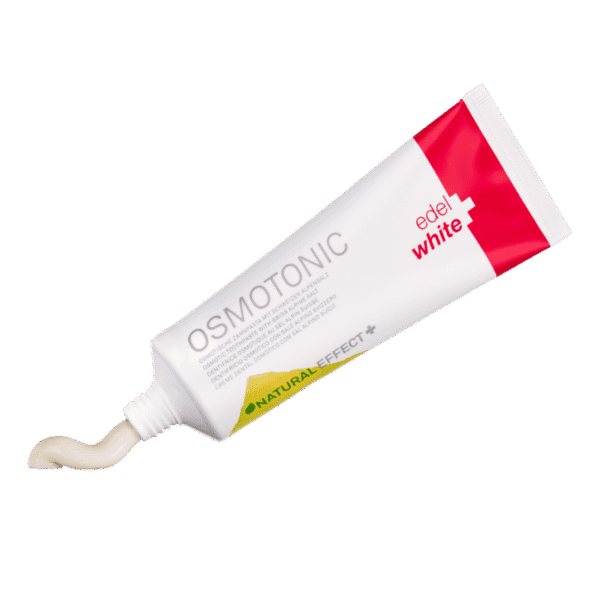 edel+white Osmotonic toothpaste 75ml - Dentifrice au sel sans fluor pour combattre la gingivite de manière naturelle. Photo de l'emballage   