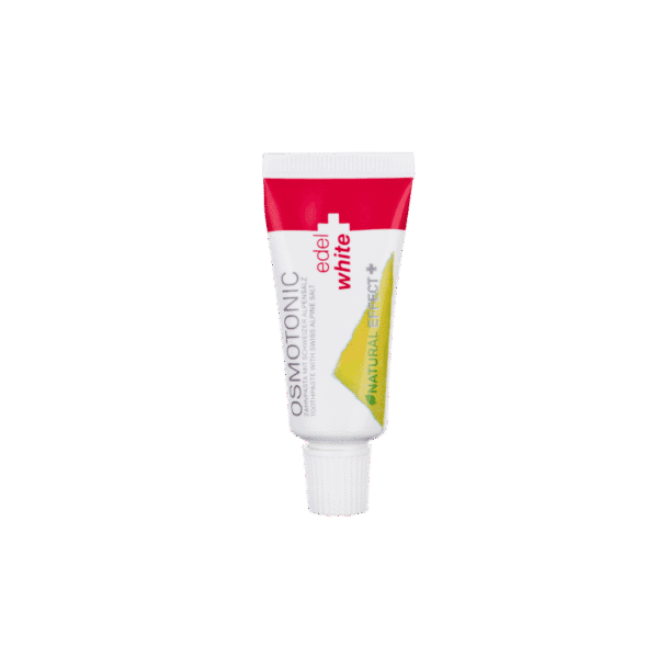 edel+white Osmotonic toothpaste 75ml - Dentifrice au sel sans fluor pour combattre la gingivite de manière naturelle. Photo de l'emballage  