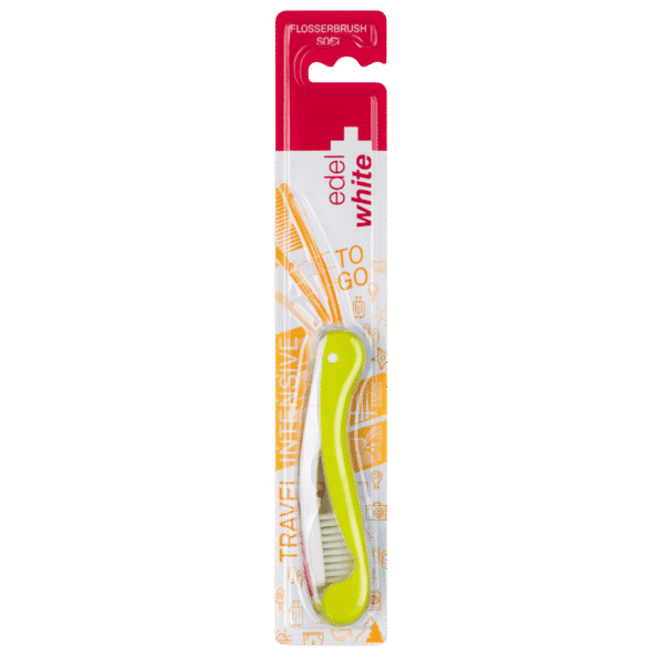 edel+white Flosserbrush TO GO Soft in blister, gelb – Für ein gesundes Lächeln unterwegs