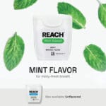 Fil dentaire REACH ciré saveur menthe - 50m de fil dentaire végétalien avec une grande résistance à la déchirure et jusqu'à 52% d'élimination de la plaque dentaire en plus. Illustration infographie saveur menthe, alternative non parfumée. 