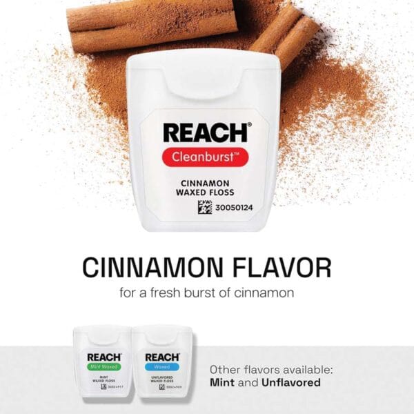Fil dentaire ciré REACH Goût Cannelle - 50m de fil dentaire végétalien avec une grande résistance à la déchirure et jusqu'à 52% d'élimination de la plaque dentaire en plus. Illustration infographie Cinnamon Flavor, alternatives. 