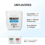 Fil dentaire ciré REACH sans goût - 50m de fil dentaire végétalien avec une grande résistance à la déchirure et jusqu'à 52% d'élimination de la plaque dentaire en plus. Illustration infographique Unflavored, Flavored alternatives. 