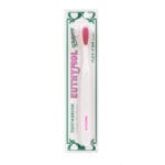 Brosse à dents Euthymol Whitening - Brosse à dents manuelle blanche avec technologie Flex-Firm pour une élimination en douceur de la plaque dentaire. Illustration brosse à dents dans son emballage 