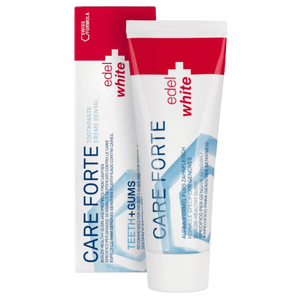 edel+white Care Forte Zahnpasta 75ml mit Vitamin E und ⍺-Bisabolol zur Pflege von empfindlichem Zahnfleisch, Zahnpasta und Verpackung