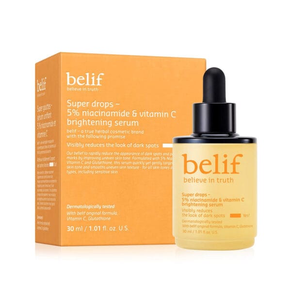 belif Brightening Serum 30ml – Vitamin C & Niacinamid Serum für strahlende, ebenmäßige Haut. Produktfoto mit Verpackung.