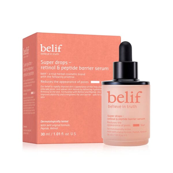 belif Super Drops Retinol & Peptide Barrier Serum 30ml - Anti-ageing serum for firmer skin, refined pores & strengthened skin barrier. Product photo with packaging 