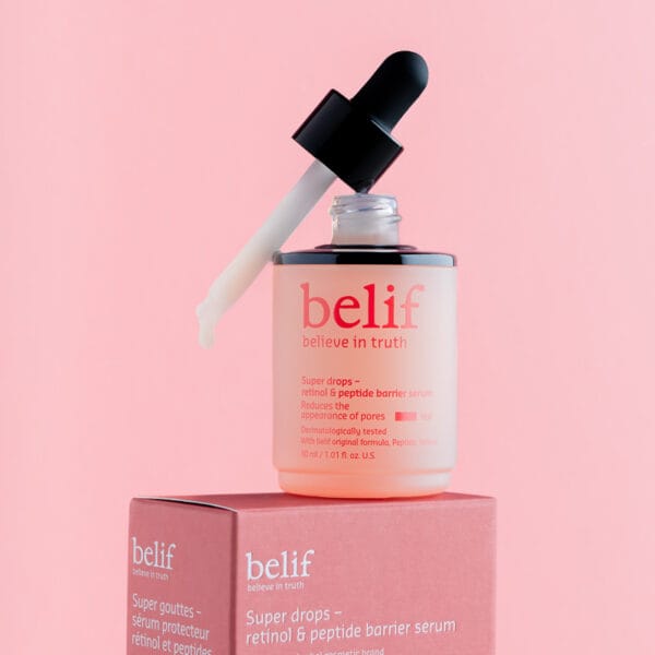 belif Super Drops Retinol & Peptide Barrier Serum 30ml - Anti-aging serum for firmer skin, refined pores & strengthened skin barrier. Image image pipette and packaging 