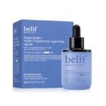 belif Super Drops Multi-7 Hyaluronic Hydrating Serum 30ml - Sérum d'hydratation intense contenant 7 fois plus d'acide hyaluronique et du panthénol. Photo du produit avec l'emballage. 