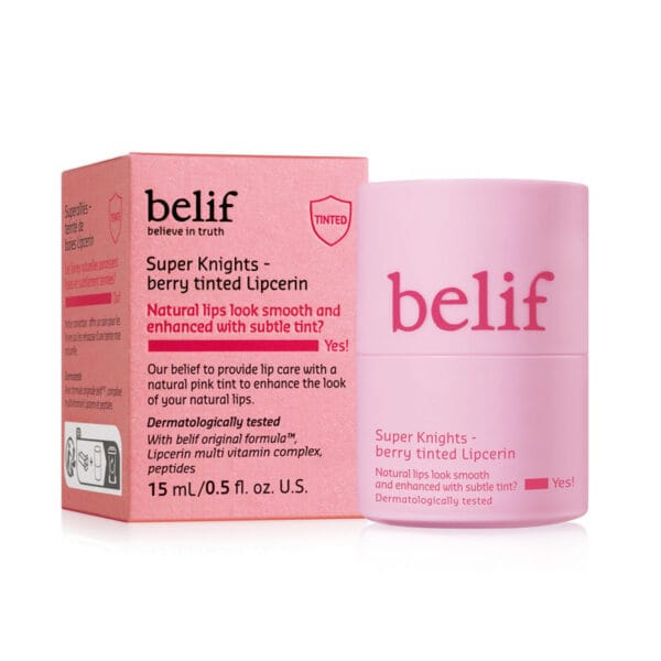 belif Multi Vitamin Pink Lipcerin 15ml - Nourishing lip balm & mask with pink color, cranberry-strawberry aroma and multi-vitamin complex. Product photo with packaging. 