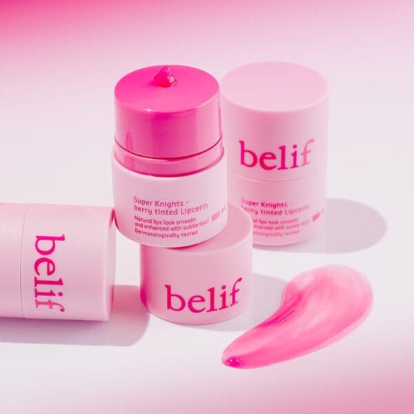 belif Multi Vitamin Pink Lipcerin 15ml - Nourishing lip balm & mask with pink color, cranberry-strawberry aroma and multi-vitamin complex. Picture lip balm with pink content. 