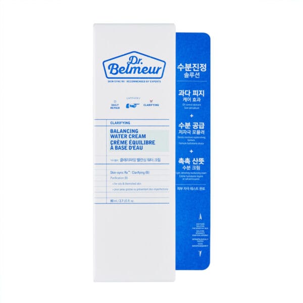 Dr. Belmeur Balancing Water Cream – leichte Feuchtigkeitscreme für fettige & empfindliche Haut, reguliert Talg und spendet Feuchtigkeit. Abbildung Verpackung.