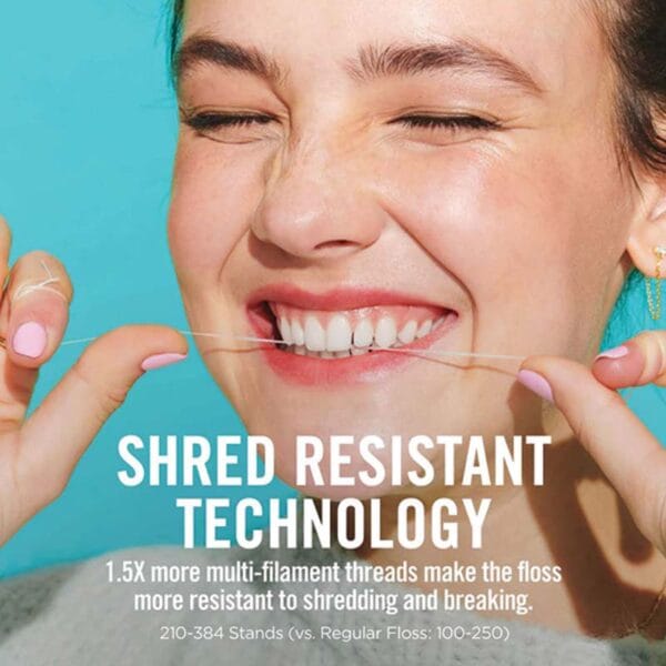 REACH gewachste Zahnseide mit Zimtgeschmack – 50m vegane Zahnseide mit hoher Reissfestigkeit und mehr Plaque-Entfernung. Abbildung Infografik Shred Resistant Technology.