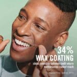 Fil dentaire ciré REACH au goût de cannelle - 50m de fil dentaire végétalien avec une grande résistance à la déchirure et une meilleure élimination de la plaque dentaire. Illustration infographique 34% Wax Coating. 