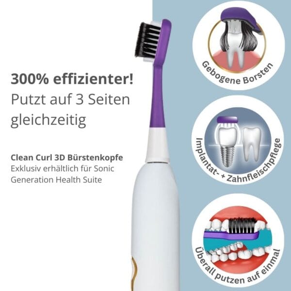 edel+white Sonic Generation Health Suite sonic toothbrush - The Swiss army knife of oral care - recommended by leading dental professionals. Brush head 3D Clean Curl, cleans the teeth from 3 sides simultaneously. Particularly suitable for people in need of care, nursing staff or people with disabilities. 