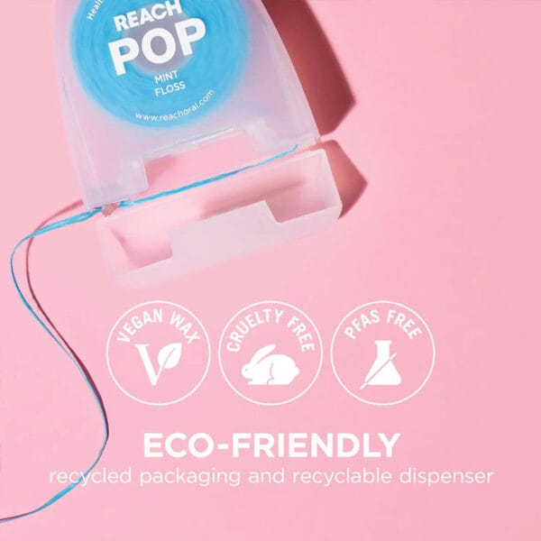 REACH POP fil dentaire menthe - fil dentaire végétal, ciré, 384 microfils & emballage durable, 50m. Illustration eco-friendly. 