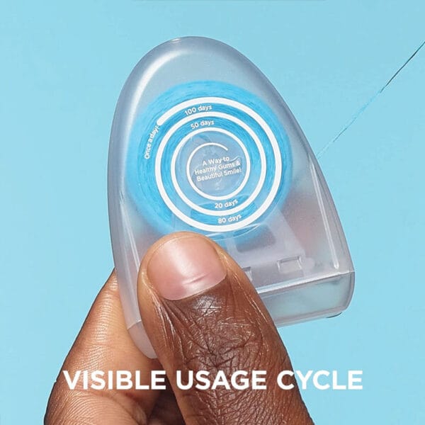 REACH POP fil dentaire menthe - fil dentaire végétalien, ciré, 384 microfils & emballage durable, 50m. Illustration du cycle d'utilisation visible. 