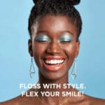 REACH POP fil dentaire menthe - fil dentaire végétal, ciré, 384 microfils & emballage durable, 50m. Illustration Floss with Style. Flex your Smile ! 