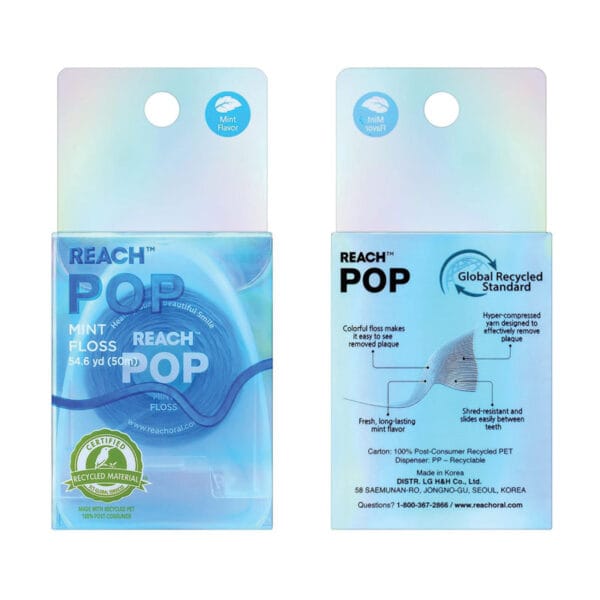 REACH POP fil dentaire menthe - fil dentaire végétal, ciré, 384 microfils & emballage durable, 50m. Illustration de l'emballage. 