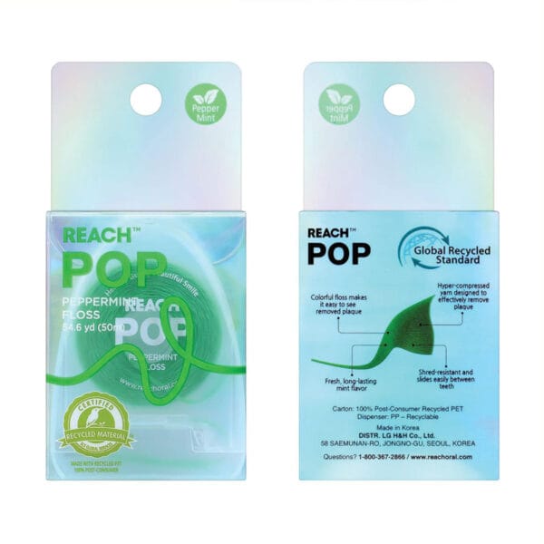 18230992 REACH POP Zahnseide Peppermint Floss – vegane, gewachste Zahnseide mit 384 Mikrofäden & nachhaltiger Verpackung, 50m, Pfefferminz Geschmack. Abbildung Verpackung.